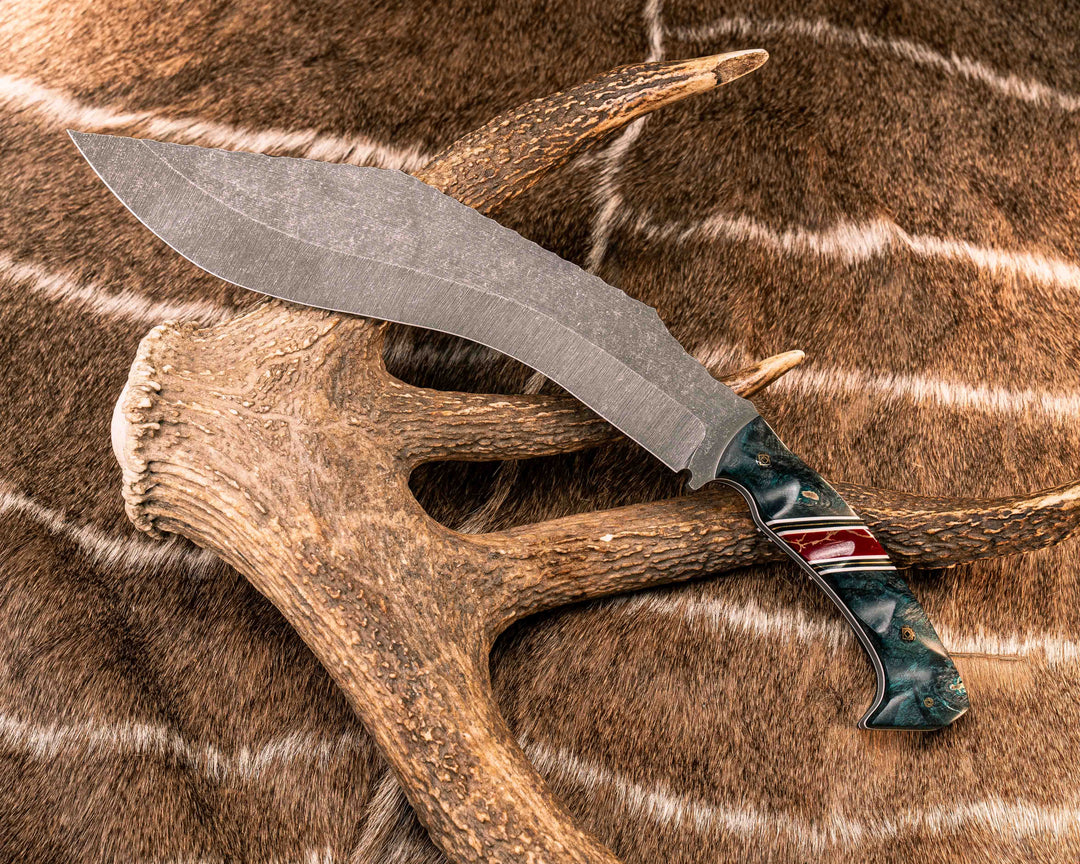 Kukri- Dyed Maple, Black G10, White G10 and Brass Pin Striping, Red with Gold Web Tru-stone Split, Mosaic Pins, Textured Grip