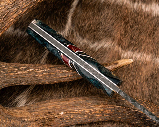 Kukri- Dyed Maple, Black G10, White G10 and Brass Pin Striping, Red with Gold Web Tru-stone Split, Mosaic Pins, Textured Grip
