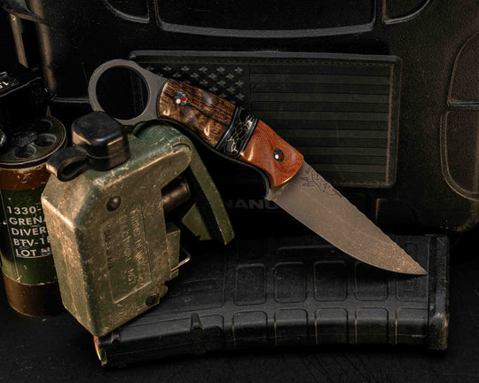 Osoraku 3" Mini- Vintage Westinghouse Micarta, Black G10, Aluminum and Brass Pin Striping, Black with Gold Web Tru-stone Split, Hawaiian Curly Koa, Mosaic Pins, Textured Grip