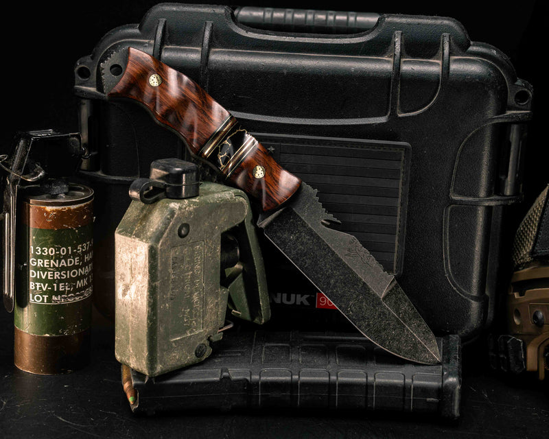 Notched Wire Cutter Breacher Gen 3- Snakewood, Black G10, Brass and Brown Canvas Micarta Pin Striping, Black with Gold Web Tru-stone Split, Mosaic Pins, Textured Grip