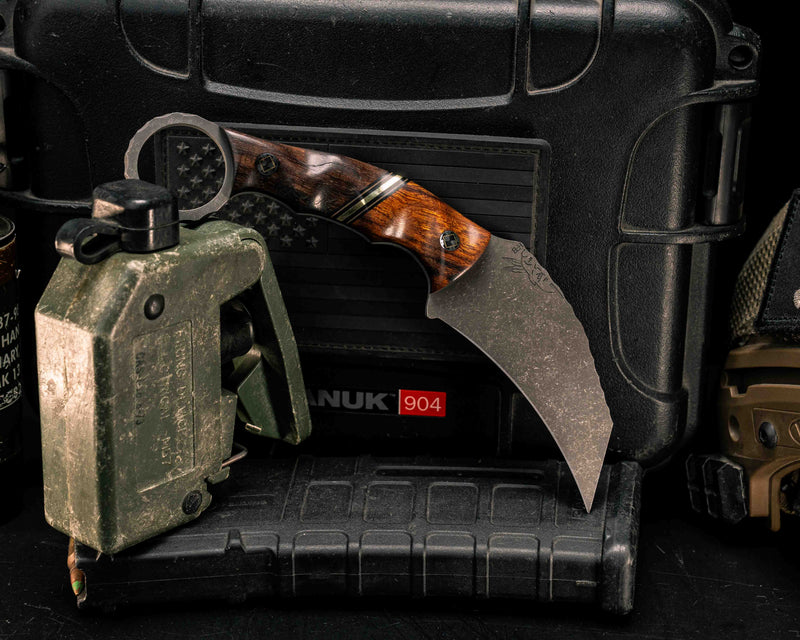 Karambito- Desert Ironwood, Black G10, Coyote G10 and Brass Split, Hawaiian Curly Koa, Mosaic Pins, Textured Grip