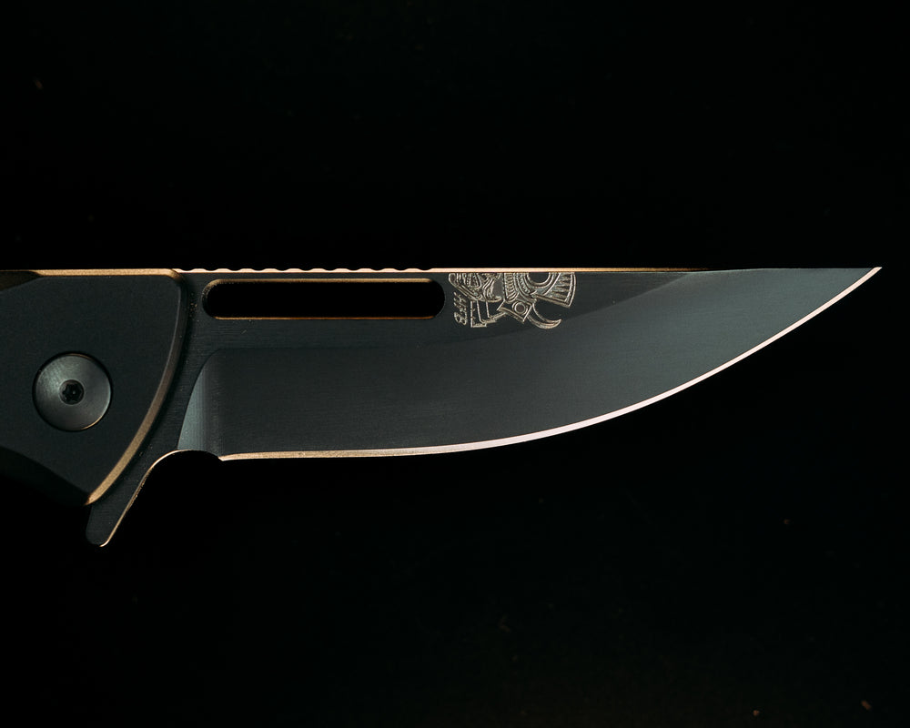 Custom Kwaiken Folder - Mexican Blanket G-Carta Inlay, Anodized Black Handle, Black Nitride Blade, Textured Grip, Deep Carry Pocket Clip