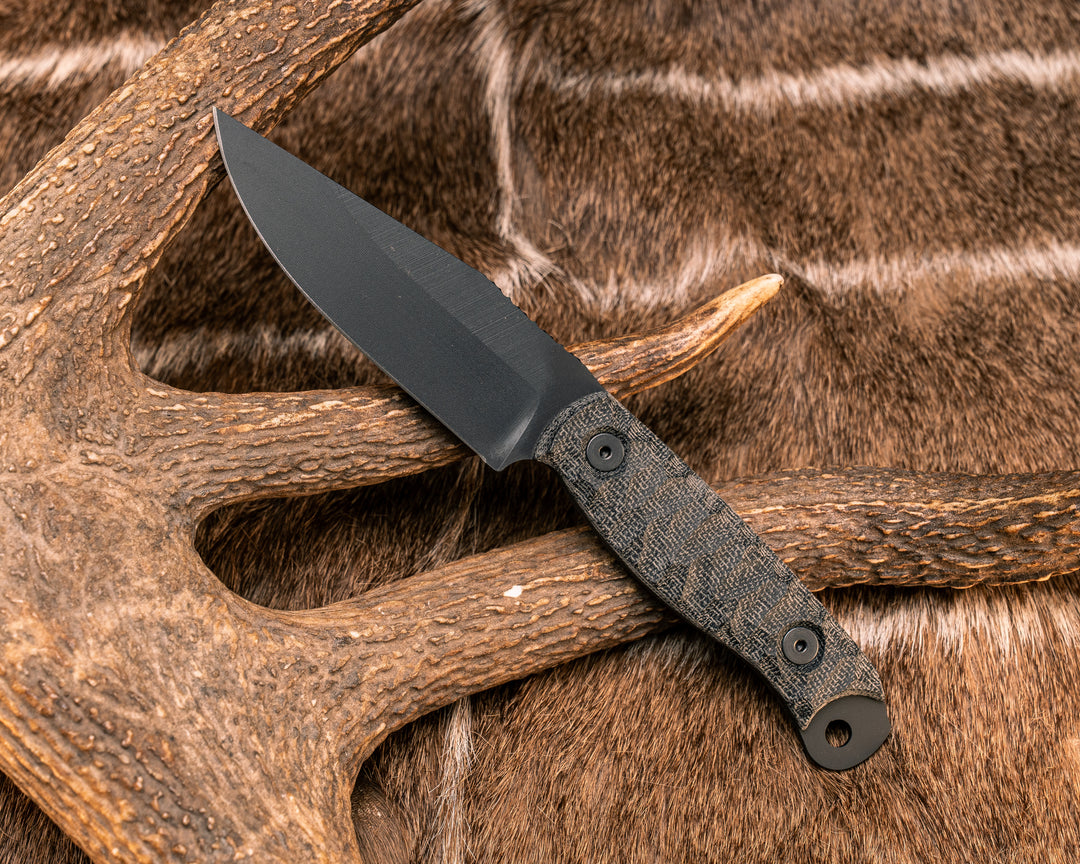 Crow Scalper- Black Canvas Micarta, Armor Black Cerakote, Allen Bolts, Textured Grip
