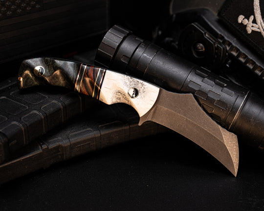 Vulture- Black G10, Copper, Silver Dragon Strike Carbon and Brass Pin Striping, Desert Ironwood Split, Dyed Redwood, Half Face Mosaic Pins, 1/8" Copper Pin, Textured Grip