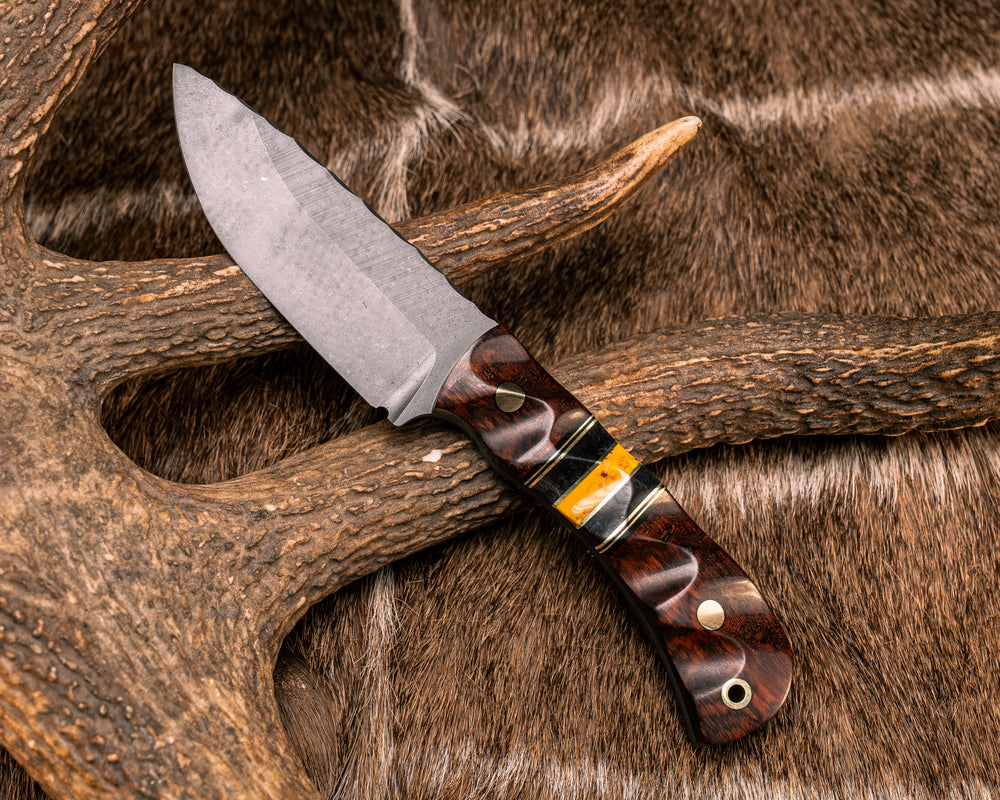 Cav Jr- Snakewood, Black G10 and Brass Pin Striping, Dyed Maple and Yellow Dino Bone Tru-stone Split, Brass Pins, Brass Lanyard Pin, Textured Grip