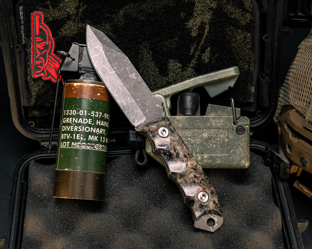 Disaster Jr- Dyed Black Ash Burl, Ti Allen Bolts, Textured Grip