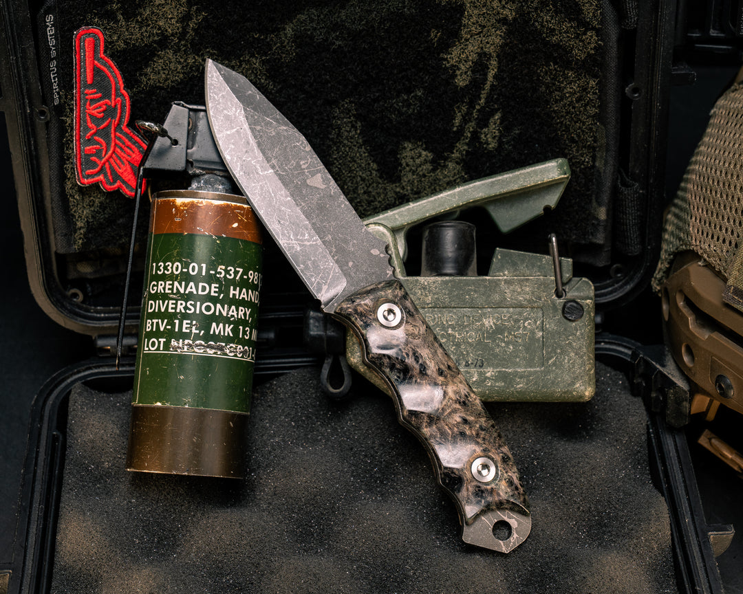 Disaster Jr- Dyed Black Ash Burl, Ti Allen Bolts, Textured Grip