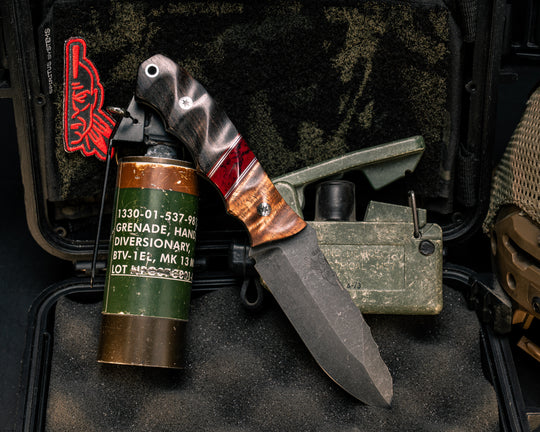 Disaster Jr- Hawaiian Curly Koa, Cherry G10 and Aluminum Pin Striping, Bloody Basin Tru-stone Split, Gaboon Ebony, Mosaic Pins, Aluminum Lanyard Pin, Textured Grip