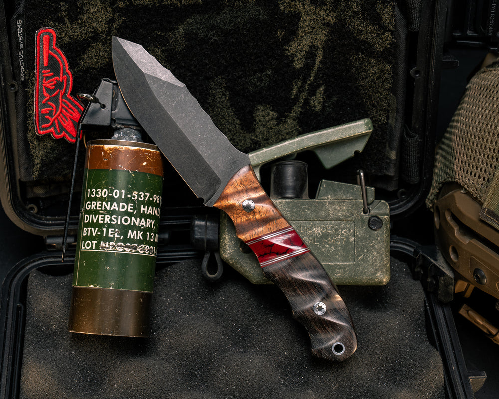 Disaster Jr- Hawaiian Curly Koa, Cherry G10 and Aluminum Pin Striping, Bloody Basin Tru-stone Split, Gaboon Ebony, Mosaic Pins, Aluminum Lanyard Pin, Textured Grip