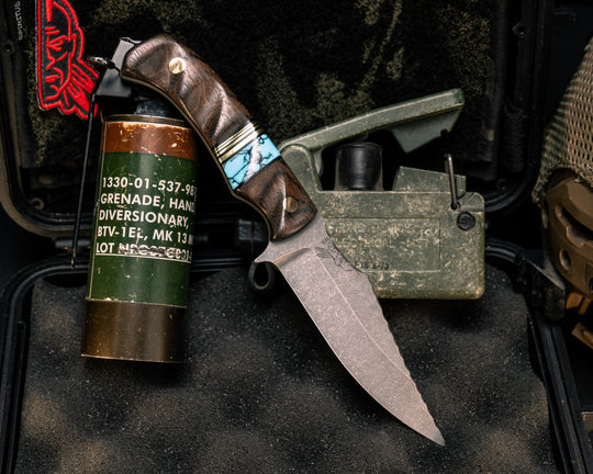 Tosahwi- Wenge, Black G10 Pin Striping, Turquoise with Black Matrix Tru-stone and Brass Split, Brass Pins, Textured Grip