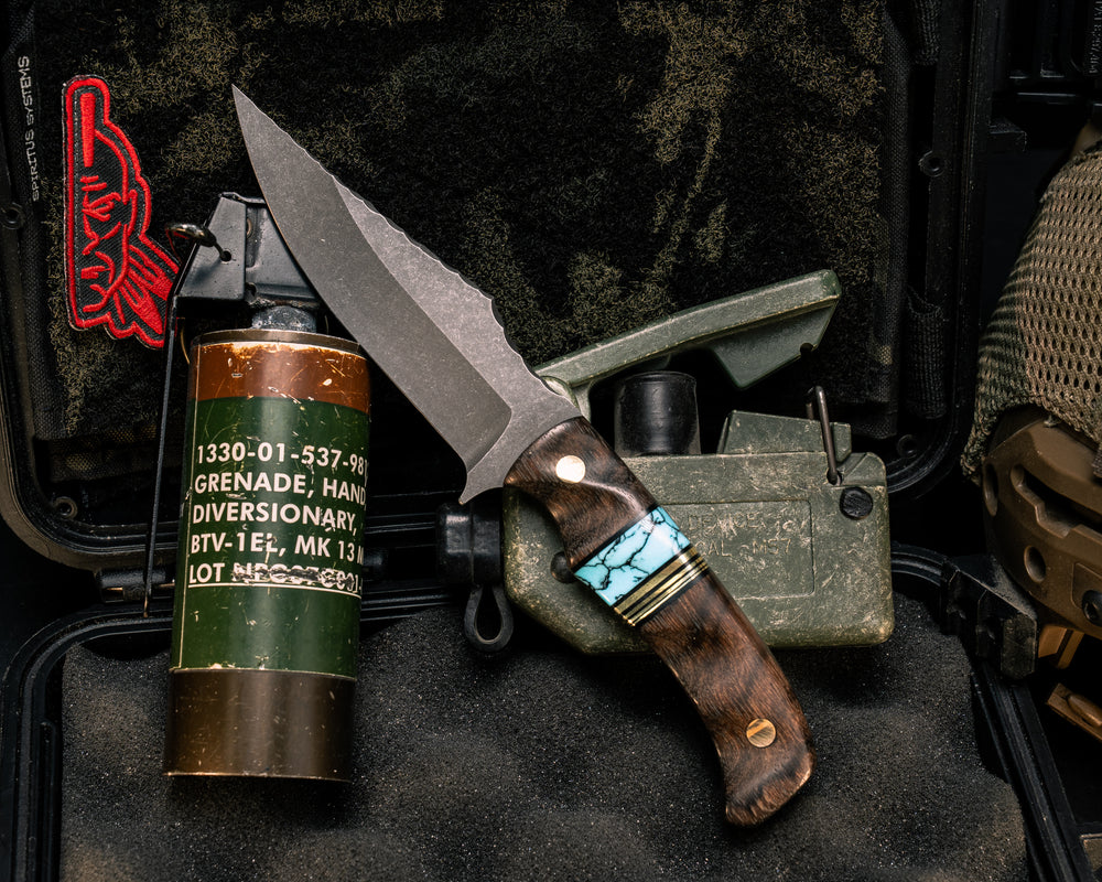 Tosahwi- Wenge, Black G10 Pin Striping, Turquoise with Black Matrix Tru-stone and Brass Split, Brass Pins, Textured Grip