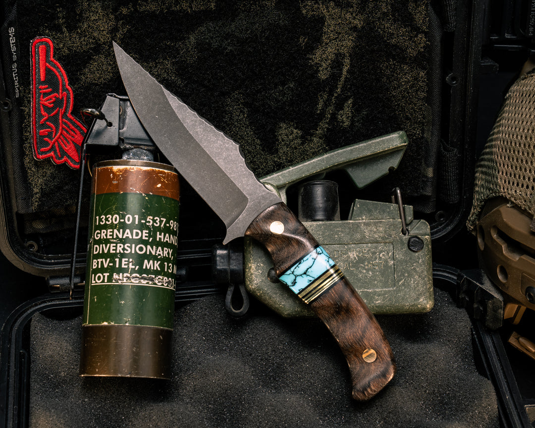 Tosahwi- Wenge, Black G10 Pin Striping, Turquoise with Black Matrix Tru-stone and Brass Split, Brass Pins, Textured Grip