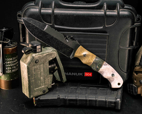 Notched Wire Cutter Breacher Gen 3- Olive Canvas Micarta, Bronze and Navy S.E.A.L AOR2 Cammie Micarta Split, Elk Antler, Mosaic Pins, Textured Grip