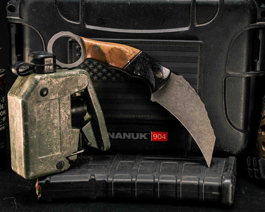 Karambito- Black Burlap Micarta, Copper and Black G10 Split, Leatherwood, Mosaic Pins, Textured Grip