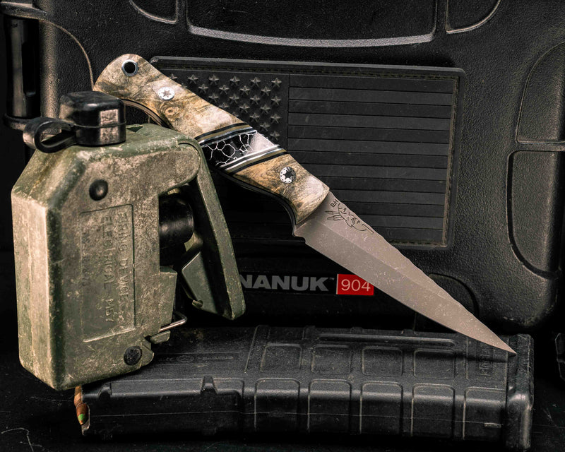 Congressman- Buckeye Burl, Black G10, Coyote G10 and Aluminum Pin Striping, Black with White Web Tru-stone Split, Mosaic Pins, Aluminum Lanyard Pin, Textured Grip