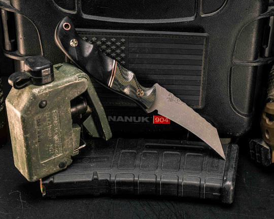 Draugr- OD Green and Black Layered Canvas Micarta, Copper and Black G10 Split, African Blackwood, Mosaic Pins, Copper Lanyard Pin, Textured Grip
