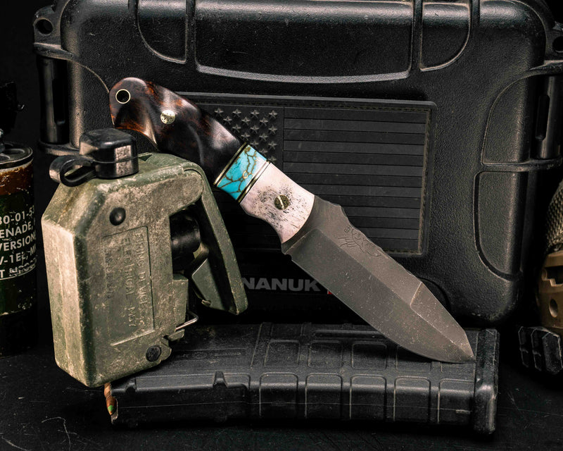 Disaster Jr Gen 3- Elk Antler, Black G10 and Brass Pin Striping, Turquoise with Gold Web Tru-stone Split, Desert Ironwood, Mosaic Pins, Textured Grip