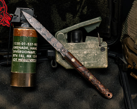 OSS Spike- Baker Forge Raindrop CopperMai- Desert Ironwood, Black G10, Copper and Red Canvas Micarta Split, Copper Dark Matter Carbon, Mosaic Pins, Copper Lanyard Pin, Smooth Grip