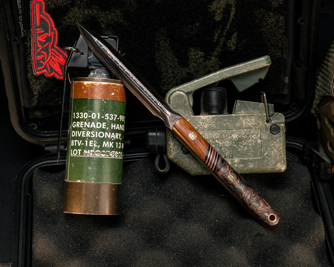 OSS Spike- Baker Forge Raindrop CopperMai- Desert Ironwood, Black G10, Copper and Red Canvas Micarta Split, Copper Dark Matter Carbon, Mosaic Pins, Copper Lanyard Pin, Smooth Grip