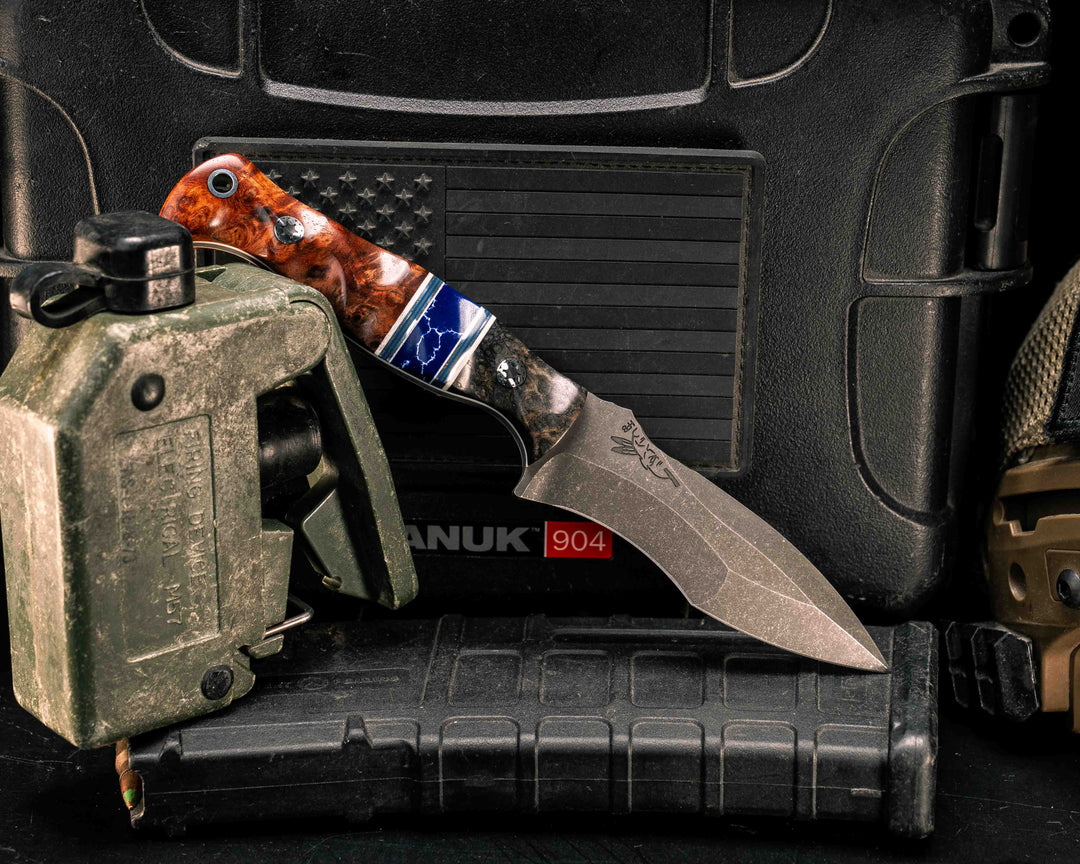 Extremis MK1- Dyed Redwood, Black G10, White G10, Aluminum and Blue G10 Pin Striping, Sodalite Tru-stone Split, Amboyna Burl, Mosaic Pins, Aluminum Lanyard Pin, Textured Grip