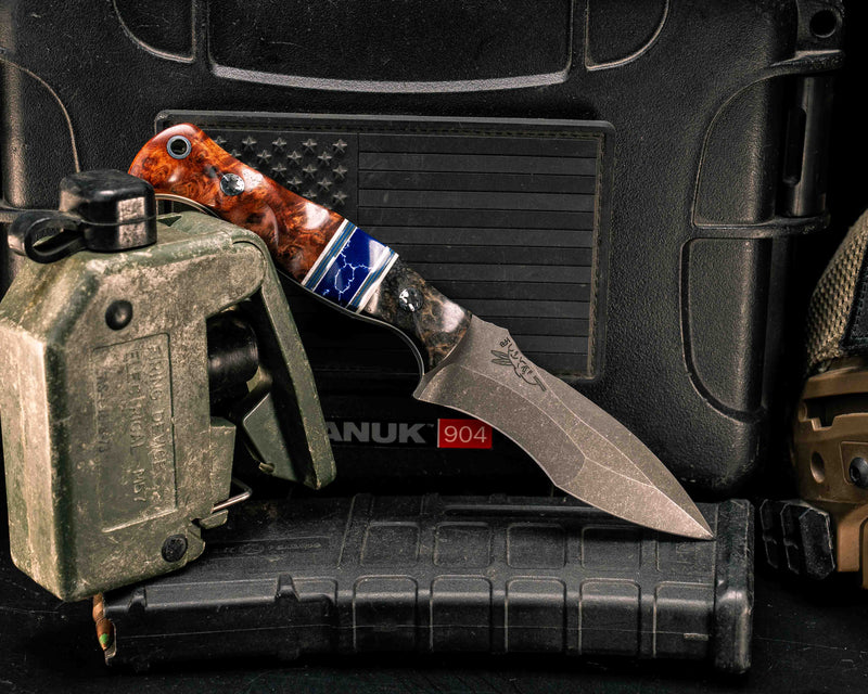 Extremis MK1- Dyed Redwood, Black G10, White G10, Aluminum and Blue G10 Pin Striping, Sodalite Tru-stone Split, Amboyna Burl, Mosaic Pins, Aluminum Lanyard Pin, Textured Grip