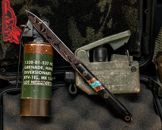 OSS Spike- Baker Forge Raindrop CopperMai- African Blackwood, Copper Pin Striping, Hawaiian Curly Koa, and Turquoise with Copper Web Tru-stone Split, Mosaic Pins, Copper Lanyard Pin, Smooth Grip