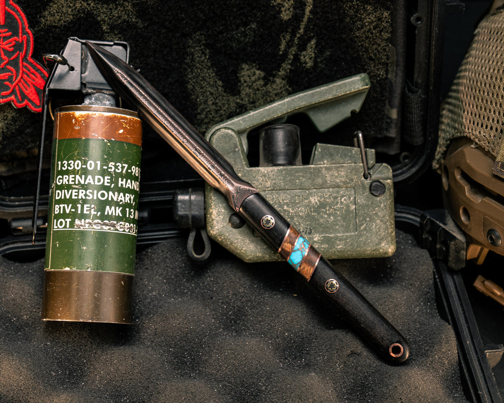 OSS Spike- Baker Forge Raindrop CopperMai- African Blackwood, Copper Pin Striping, Hawaiian Curly Koa, and Turquoise with Copper Web Tru-stone Split, Mosaic Pins, Copper Lanyard Pin, Smooth Grip