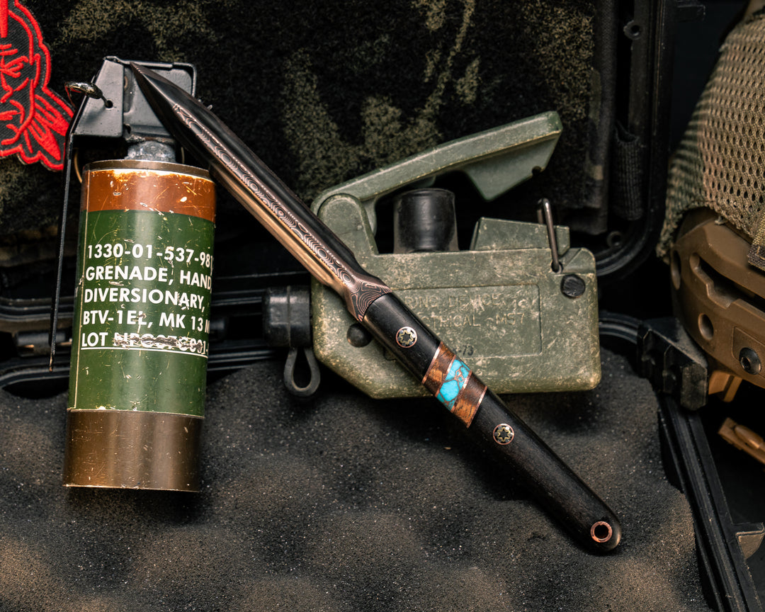 OSS Spike- Baker Forge Raindrop CopperMai- African Blackwood, Copper Pin Striping, Hawaiian Curly Koa, and Turquoise with Copper Web Tru-stone Split, Mosaic Pins, Copper Lanyard Pin, Smooth Grip