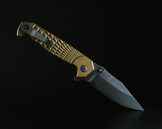 Crow Folder- Anodized OD Green Handle, Black Nitride Blade, Grenade Stippled Grip, Deep Carry Pocket Clip