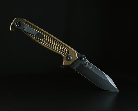 Disaster Folder- Anodized OD Green Handle, Nitride Black Blade, Dimpled Grip, Deep Carry Pocket Clip