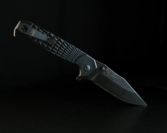 Crow Folder- Anodized Black Frame, Nitride Black Blade, Grenade Stippled Grip, Deep Carry Pocket Clip