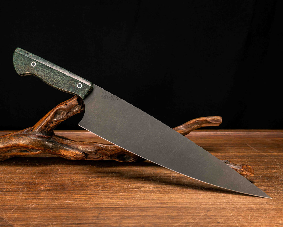 10" Chef Blade- Dyed Amboyna Burl, Resin Filled Copper Pins, Smooth Grip