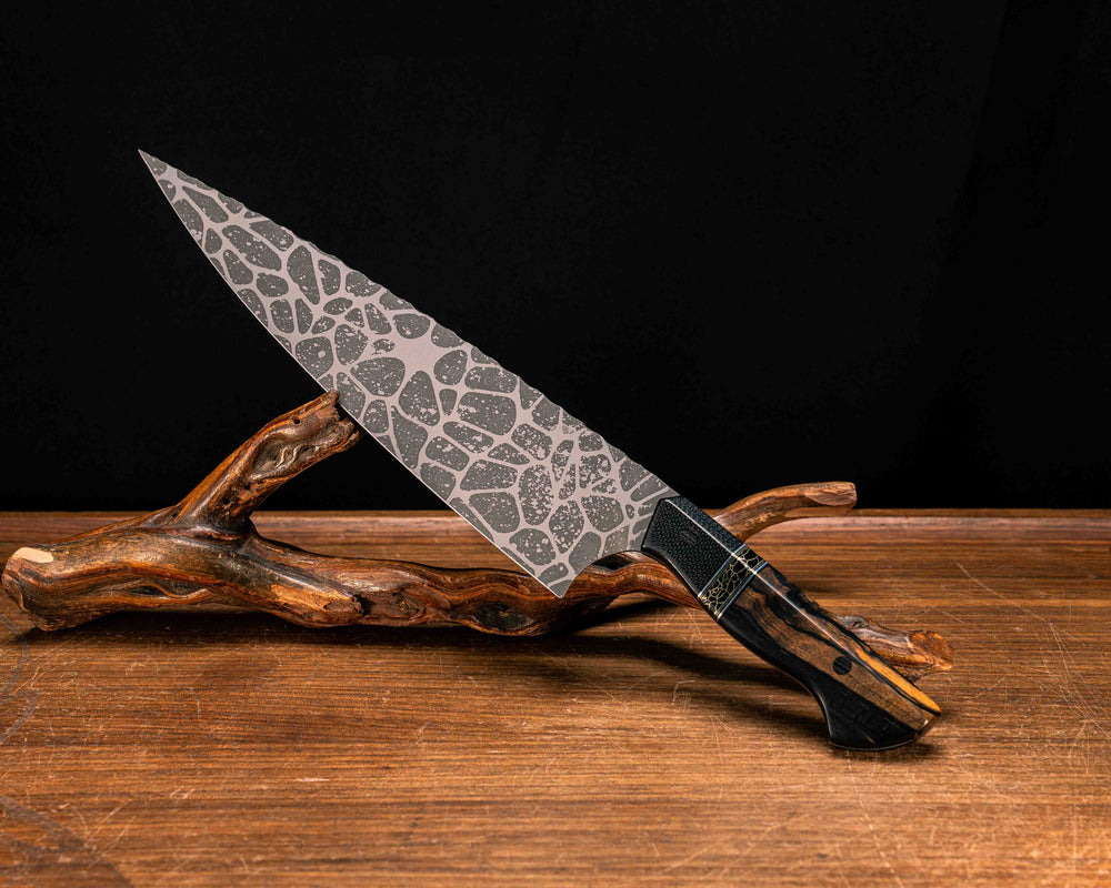 10" Chef Blade- Black Canvas Micarta, Black g10, Aluminum and Brass Pin Striping, Black with Gold Web Tru-stone Split, Black Micarta Pins, Smooth Grip