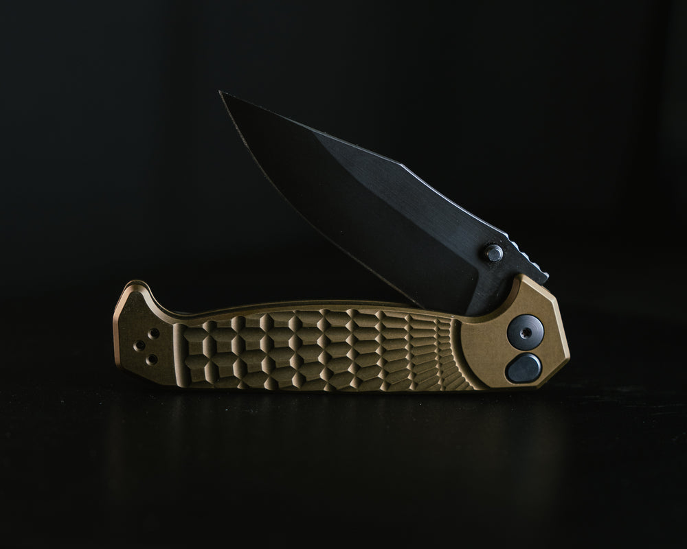 Crow Folder- Anodized OD Green Handle, Black Nitride Blade, Grenade Stippled Grip, Deep Carry Pocket Clip