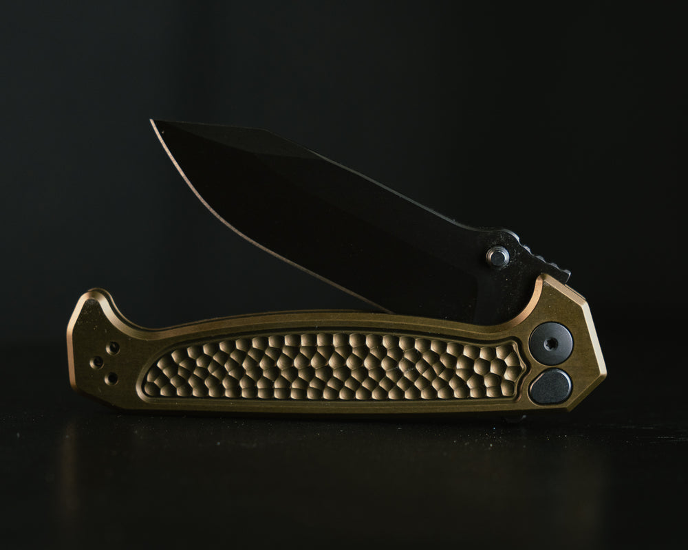 Disaster Folder- Anodized OD Green Handle, Nitride Black Blade, Dimpled Grip, Deep Carry Pocket Clip