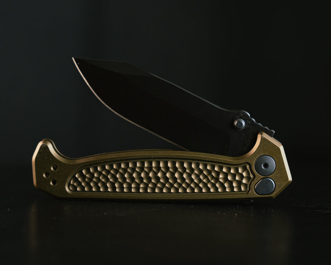 Disaster Folder- Anodized OD Green Handle, Nitride Black Blade, Dimpled Grip, Deep Carry Pocket Clip