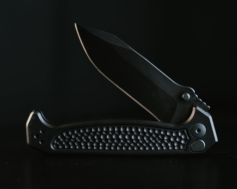Disaster Folder- Anodized Black Handle, Black Nitride Frame, Dimpled Grip, Deep Carry Pocket Clip