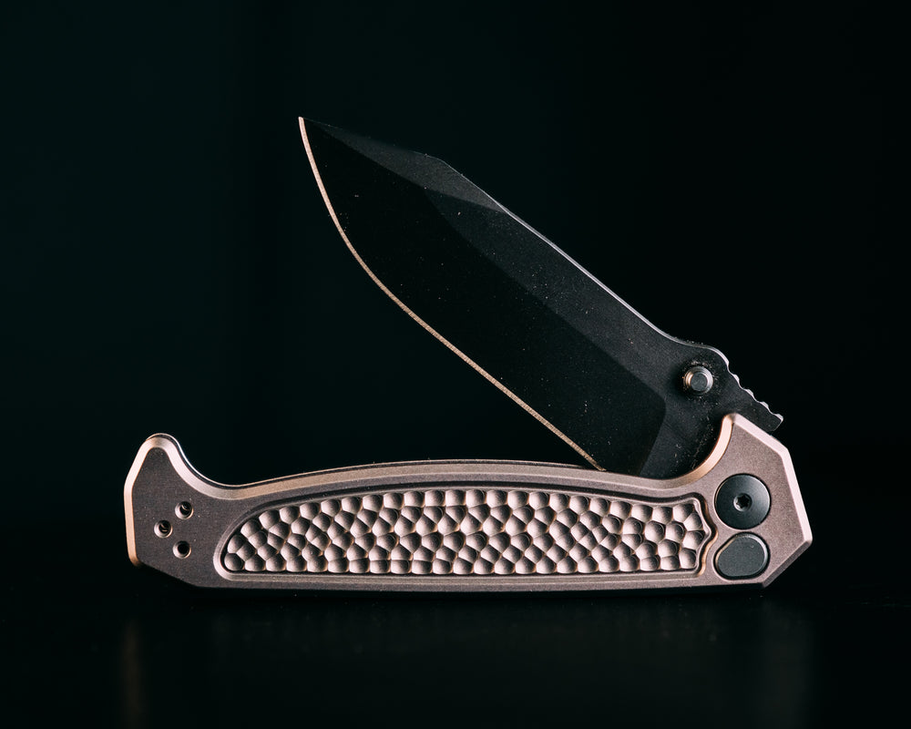 Disaster Folder- Anodized Grey Handle, Black Nitride Blade, Dimpled Grip, Deep Carry Pocket Clip
