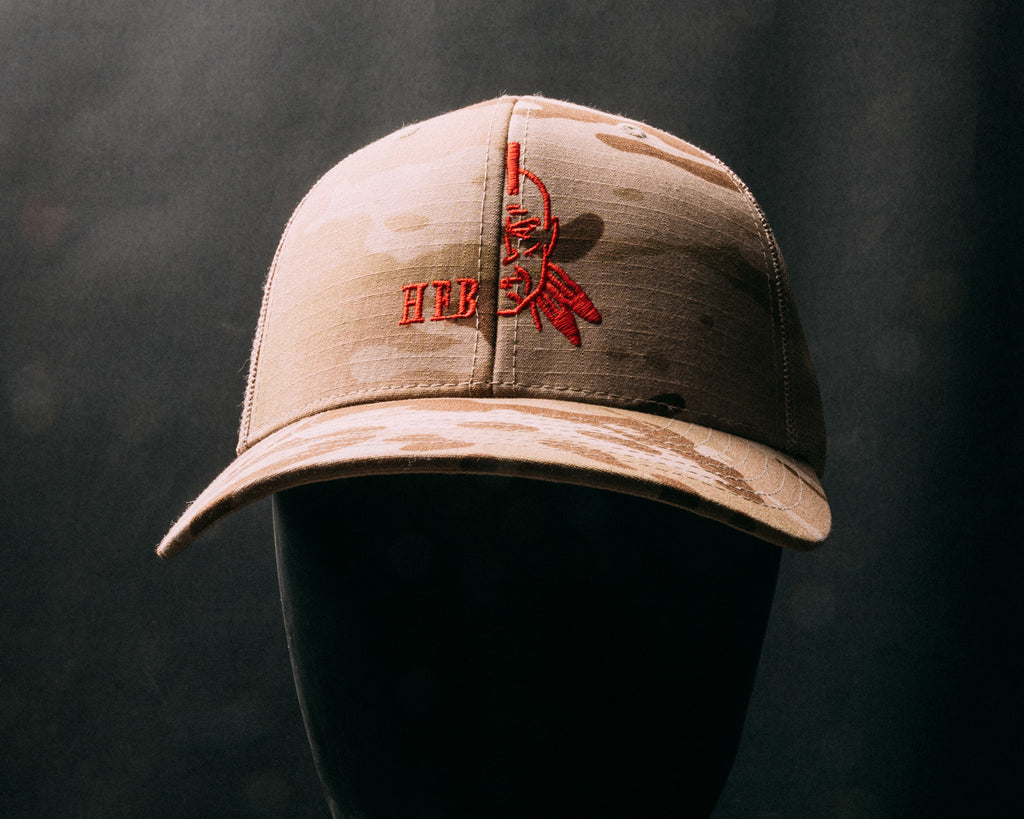 HFB Arid Camo Trucker Hat, tan mesh