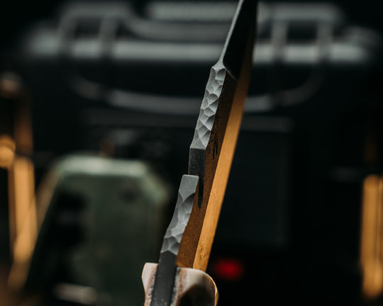 Notched Wire Cutter Breacher- Elk Antler, Brass and Navy S.E.A.L AOR2 Cammie Micarta Split, Amboyna Burl, Mosaic Pins, Textured Grip