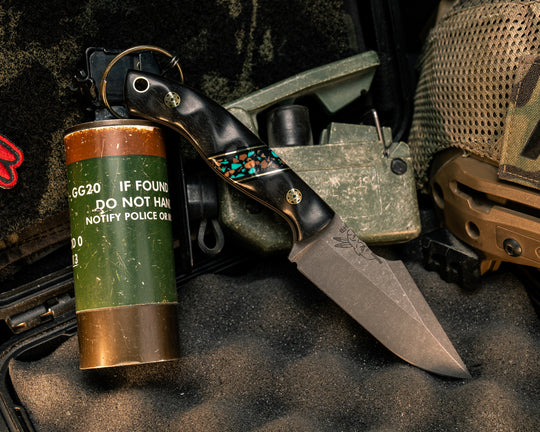 Widow Maker JR- African Blackwood, Black G10 and Brass Pin Striping, Tucson Pebble Polyclast Split, Brass Mosaic Pins, Brass Lanyard Pin, Textured Grip