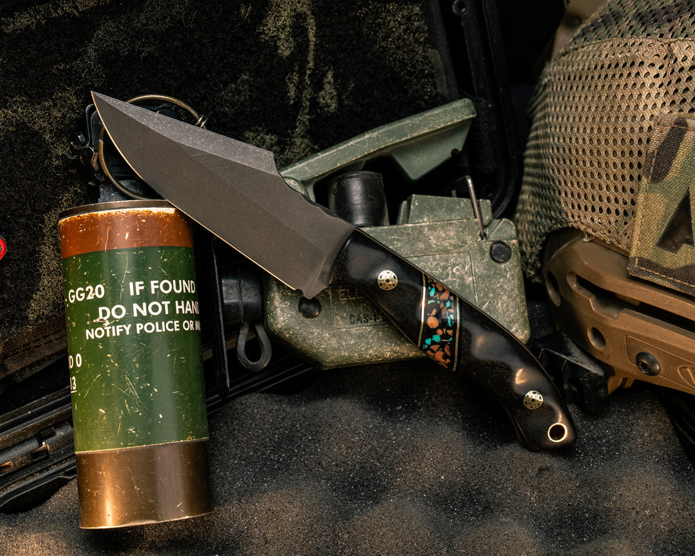 Widow Maker JR- African Blackwood, Black G10 and Brass Pin Striping, Tucson Pebble Polyclast Split, Brass Mosaic Pins, Brass Lanyard Pin, Textured Grip