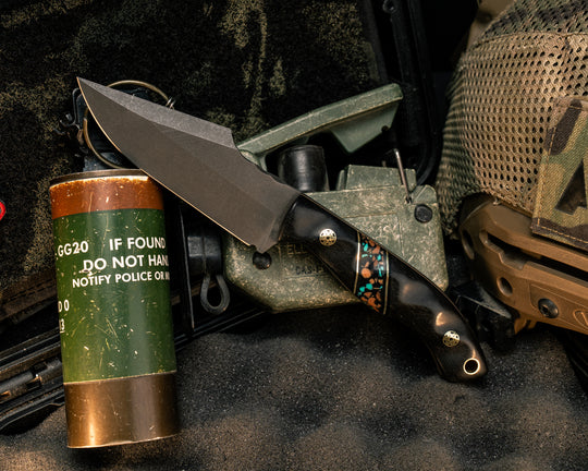 Widow Maker JR- African Blackwood, Black G10 and Brass Pin Striping, Tucson Pebble Polyclast Split, Brass Mosaic Pins, Brass Lanyard Pin, Textured Grip