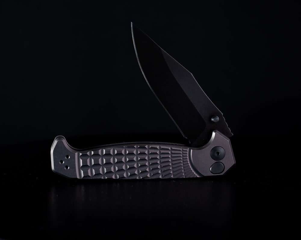 Crow Folder- Anodized Gray Handle, Black Nitride Blade, Grenade Stippled Grip, Deep Carry Clip