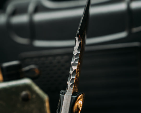 Widow Maker Jr- Baker Forge Raindrop Damascus- Black Canvas Miacrta, Black G10, White G10 and Aluminum Pin Striping, Black with White Web Tru-stone Split, Hawaiian Curly Koa, Mosaic Pins, Textured Grip
