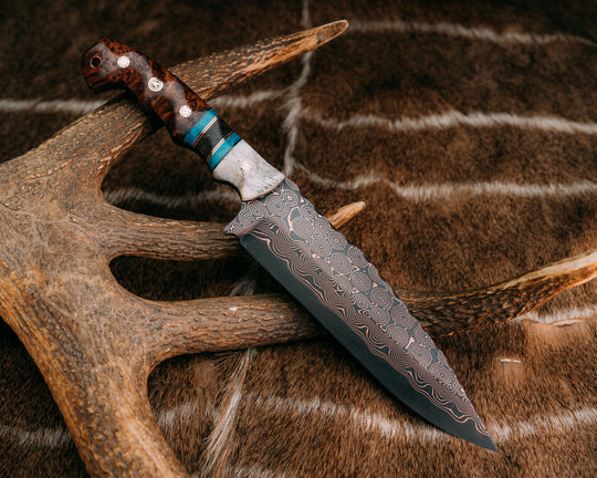 Ranch Knife- Baker Forge Raindrop CopperMai- CO Elk, Black G10 and Copper Pin Striping, Chrysocolla and Dyed Maple Split, Redwood, Mosaic Pin, Copper Lanyard Pin, Textured Grip