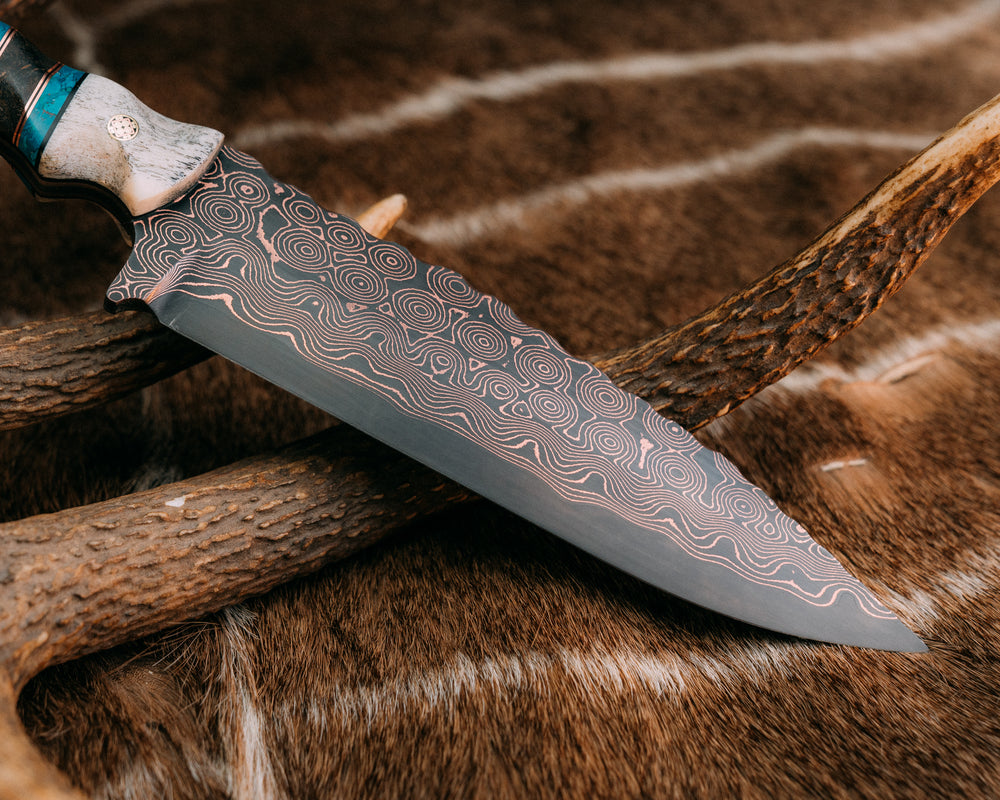 Ranch Knife- Baker Forge Raindrop CopperMai- CO Elk, Black G10 and Copper Pin Striping, Chrysocolla and Dyed Maple Split, Redwood, Mosaic Pin, Copper Lanyard Pin, Textured Grip