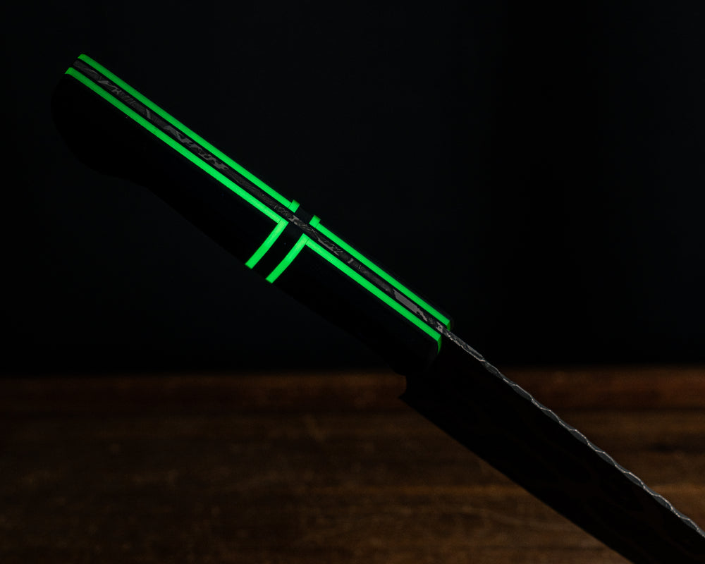 Santoku- Black G10, Green Glow G10 and Black G10 Split, CF Pins, Smooth Grip