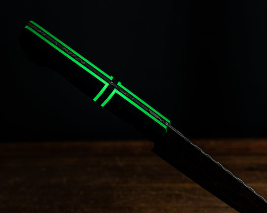 Santoku- Black G10, Green Glow G10 and Black G10 Split, CF Pins, Smooth Grip