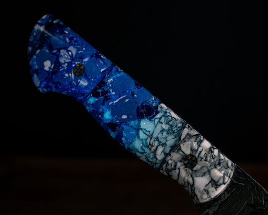 Chef Blade- Baker Forge Ladder Stainless Damascus- Crushed White with Black Web Tru-stone, Crushed Sodalite Tru-stone and Blue and White Crushed Stone in Resin, Mosaic Pins, Smooth Grip